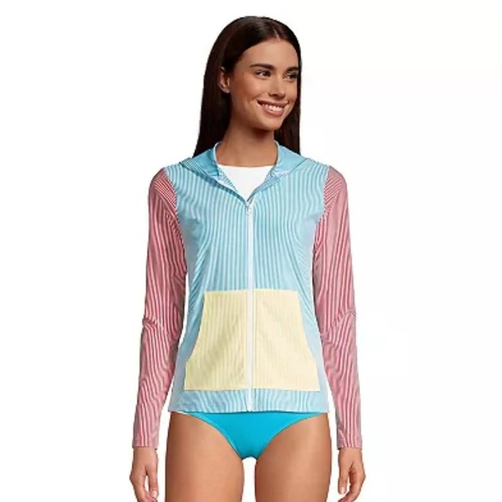 Lands' End Hooded Seersucker Rash Guard UPF 50+ Protection